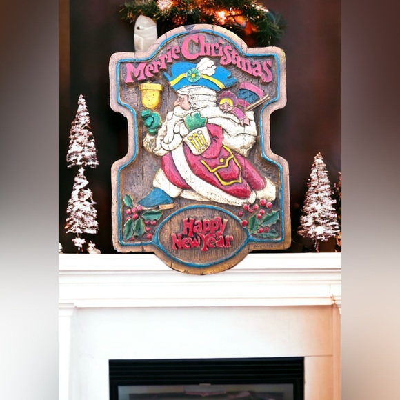 Al Pisano Vintage  Merrie Christmas Tricorn Hat Santa Sign 19" x 13¾" x 1½" Vtg - Picture 1 of 11